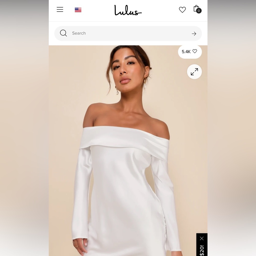 LIKE NEW Lulu's Luxurious Vision Satin Off the Shoulder White Mini Dress